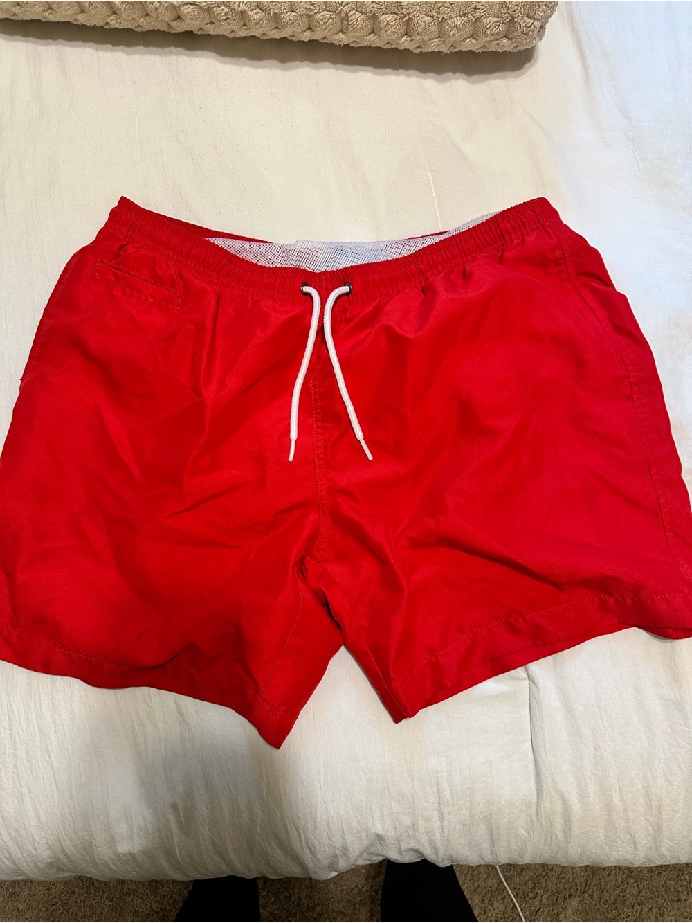 Men's Red Swim Trunks with Elastic Waist and Drawstring